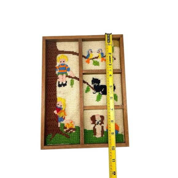 Vintage Needlepoint Childrens Room Kids Framed Climbing Tree Cat Nursery - Picture 10 of 10